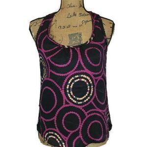 Trina Turk Tank Top XS‎ Petite Black Fuchsia Beige 100% Silk Polka Dot Blouse